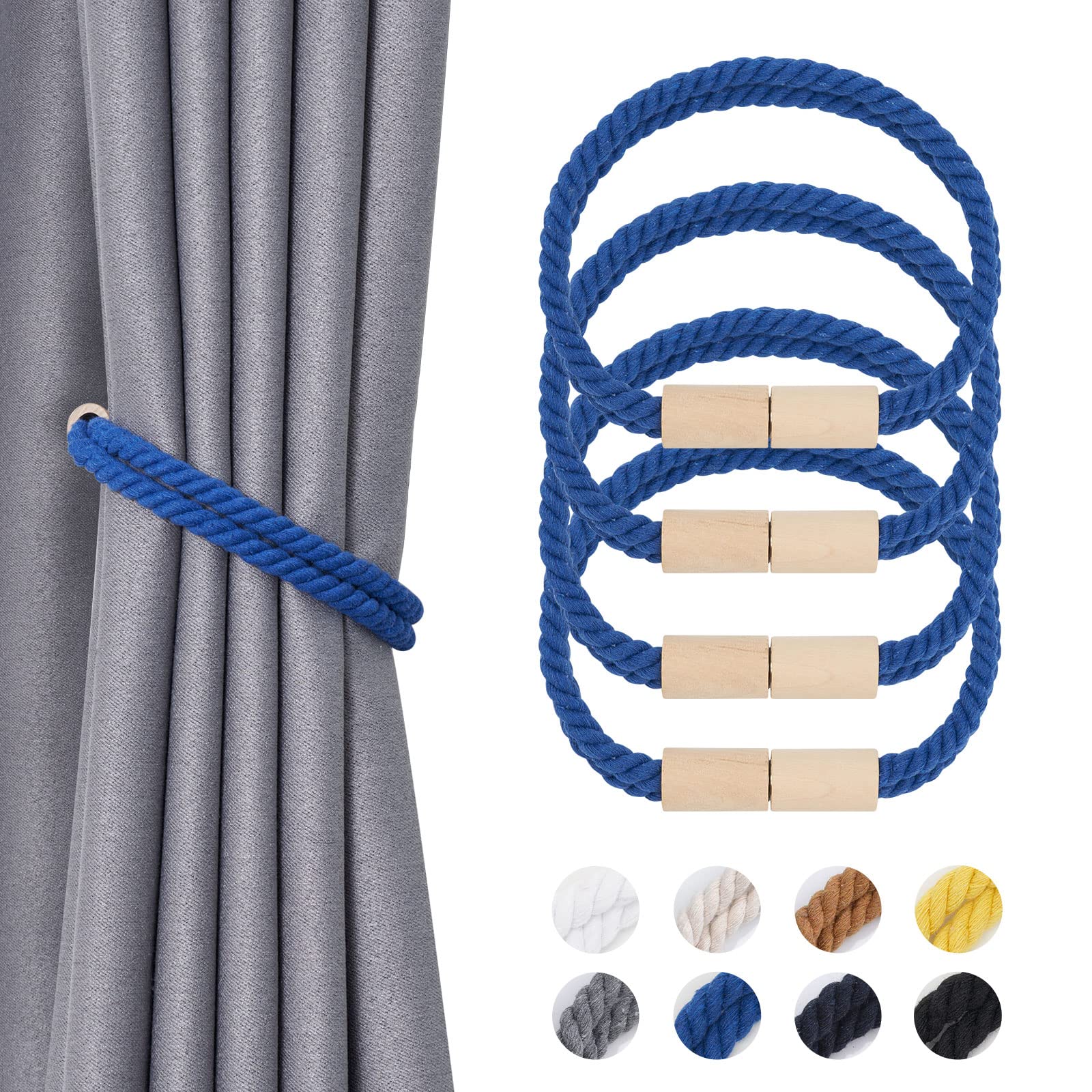 Pretty Jolly 4 Pack Wooden Magnetic Curtain Tiebacks Boho Decoration Drape Tie Backs Natural Cotton Handmade Double Rope Curtain Holdbacks for Thin & Thick Home Office Window Drapery (New Light Blue)