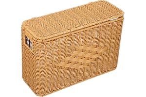 DIYEAH Rectangular Narrow Woven Basket with Lid 14.9x10.4x5.89in Imitation Rattan Handwoven Storage Box