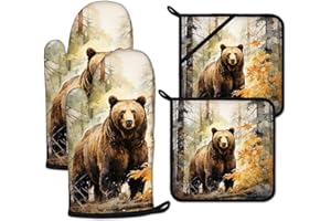 Watercolor Brown Bear Oven Mitts and Pot Holders Sets Heat Resistant 4Pcs Autumn Forest Animal Potholders Oven Gloves Hot Pad