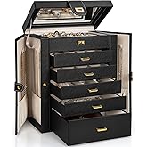 AKOZLIN Jewelry Box Organizer Functional Leather Jewelry Storage Case for Women Girls Ring Necklace Earring Bracelet Holder Organizer with Mirror Black