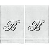 Monogrammed Towels Fingertip, Personalized Gift, 11 x 18 Inches - Set of 2- Black Embroidered Towel - Extra Absorbent 100% Cotton- Soft Velour Finish - For Bathroom/ Kitchen/ Spa- Initial B (White)