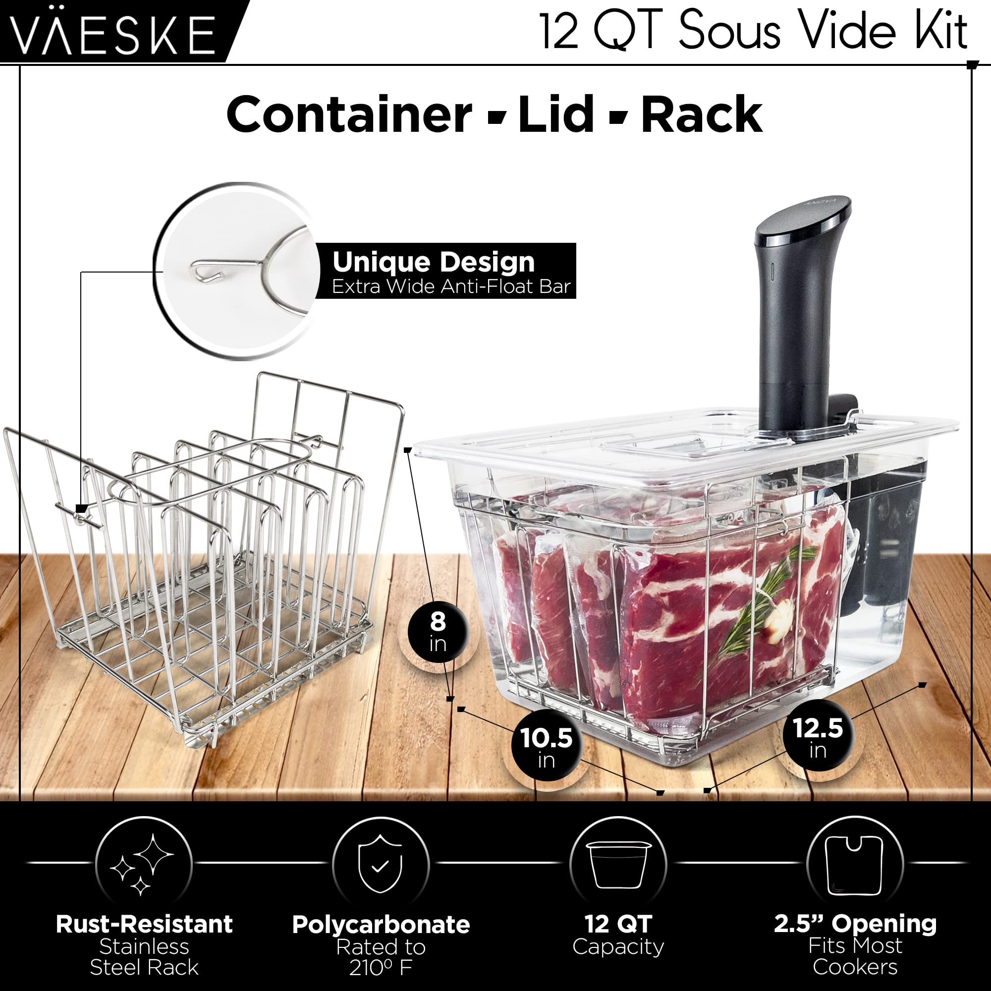 Sous Vide Container 12 Quarts with Lid, Sous Vide Rack & Insulating Sleeve | Neoprene Retains Heat | Compatible with Most Sous Vide Cookers Anova, Anova Nano, Joule, Instant Pot, Wancle (12 QT)