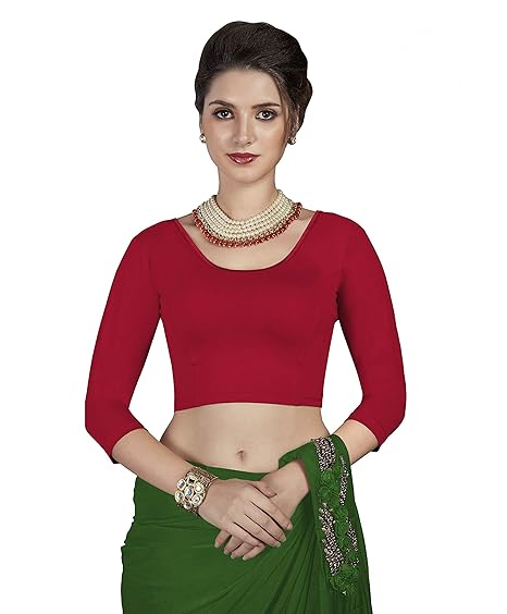 Premium Women'S Cotton Lycra Stretchable Readymade Three-Fourth Sleeve Plain Saree Blouse