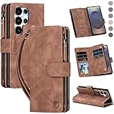 CAESBON for Samsung Galaxy S25-Ultra-Wallet Case: with RFID Blocking Card Slots (6 Cards) | Soft PU Leather Magnetic Snap Zipper Pocket | Crossbody Wrist Strap Protective Phone Cover - Brown