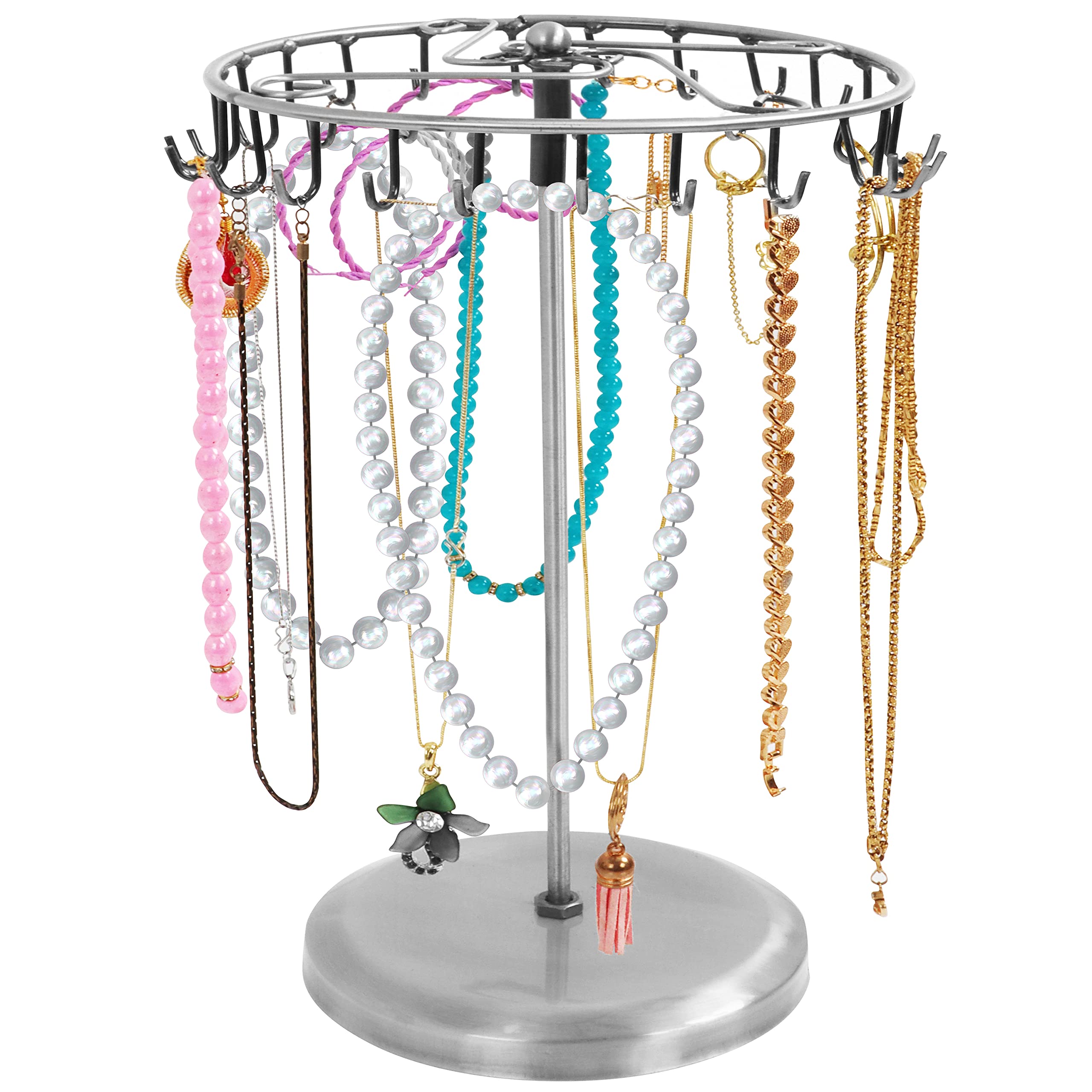 BELLE VOUS Silver Metal Rotating Jewellery Holder Display Stand (23 Hooks) - H34.8 x W20.5cm / 13.70 x 8.07 Inches - Hanging Organiser Tower Rack - Storage for Necklaces & Bracelets, Rings & Earrings