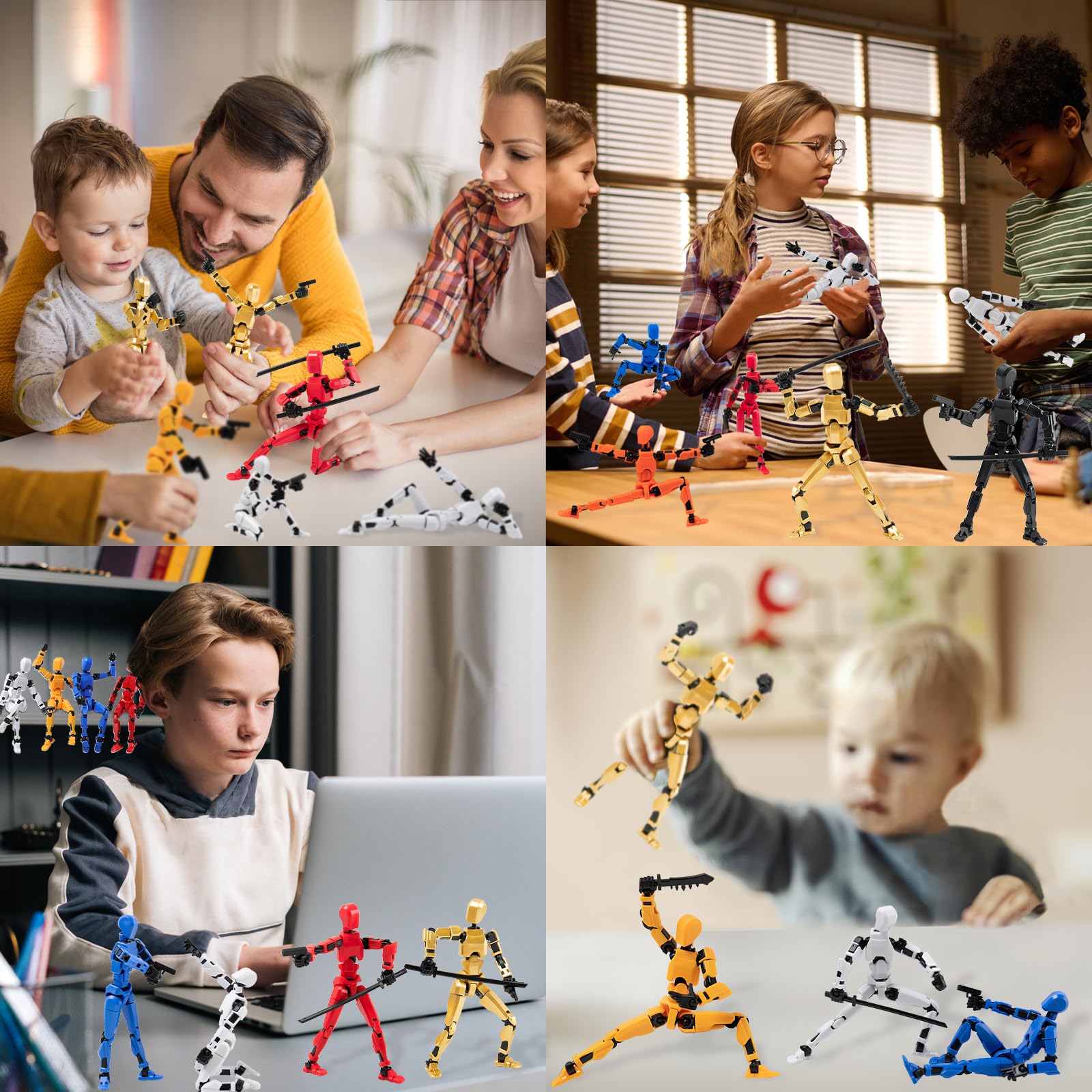 4Pack Assembled Titan T-13 Action Figures Set - Lucky Dummy Nova 13 Action Figure Robot Anime Stick Figures Fidget Toys for Boys Multi Movable Joints Gifts Toys for Kids (Golden+White+Blue+Red)