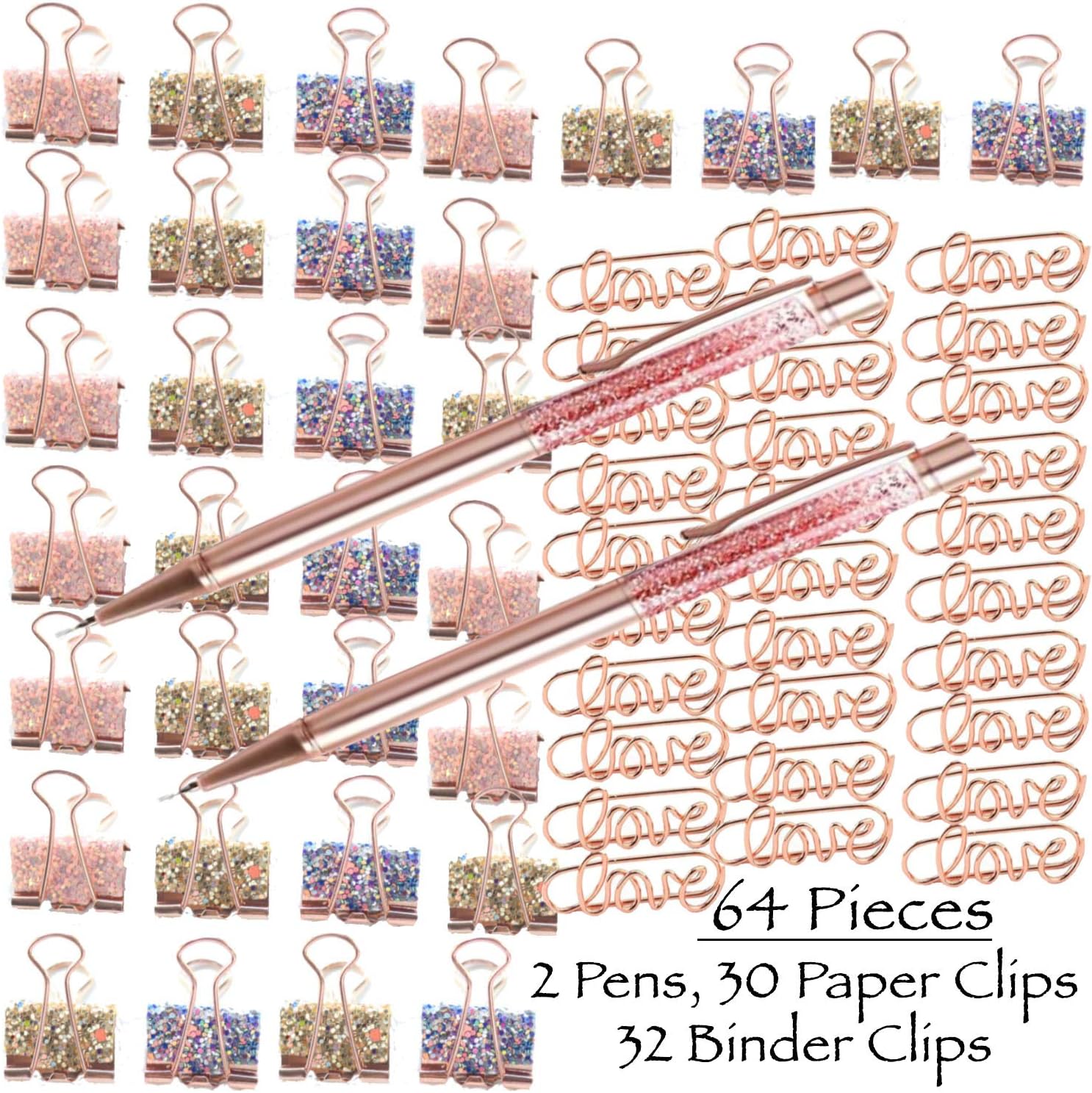 Stationery Kit- Love Paper Clips, Binder Clamp Clips and Dynamic Liquid Sand Black Ink Pen - Assorted, Glitter, Bling, Rose Gold, Pink, Sequins, Diamonds, Office, School- LUXY BRANDZ (64)