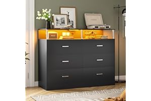 AOGLLATI Black Dresser for Bedroom with 6 Drawers, Dressers & Chests of Drawers with Column Design & Charging Station, Modern Bedroom Led Wide Dresser for Bedroom Closet