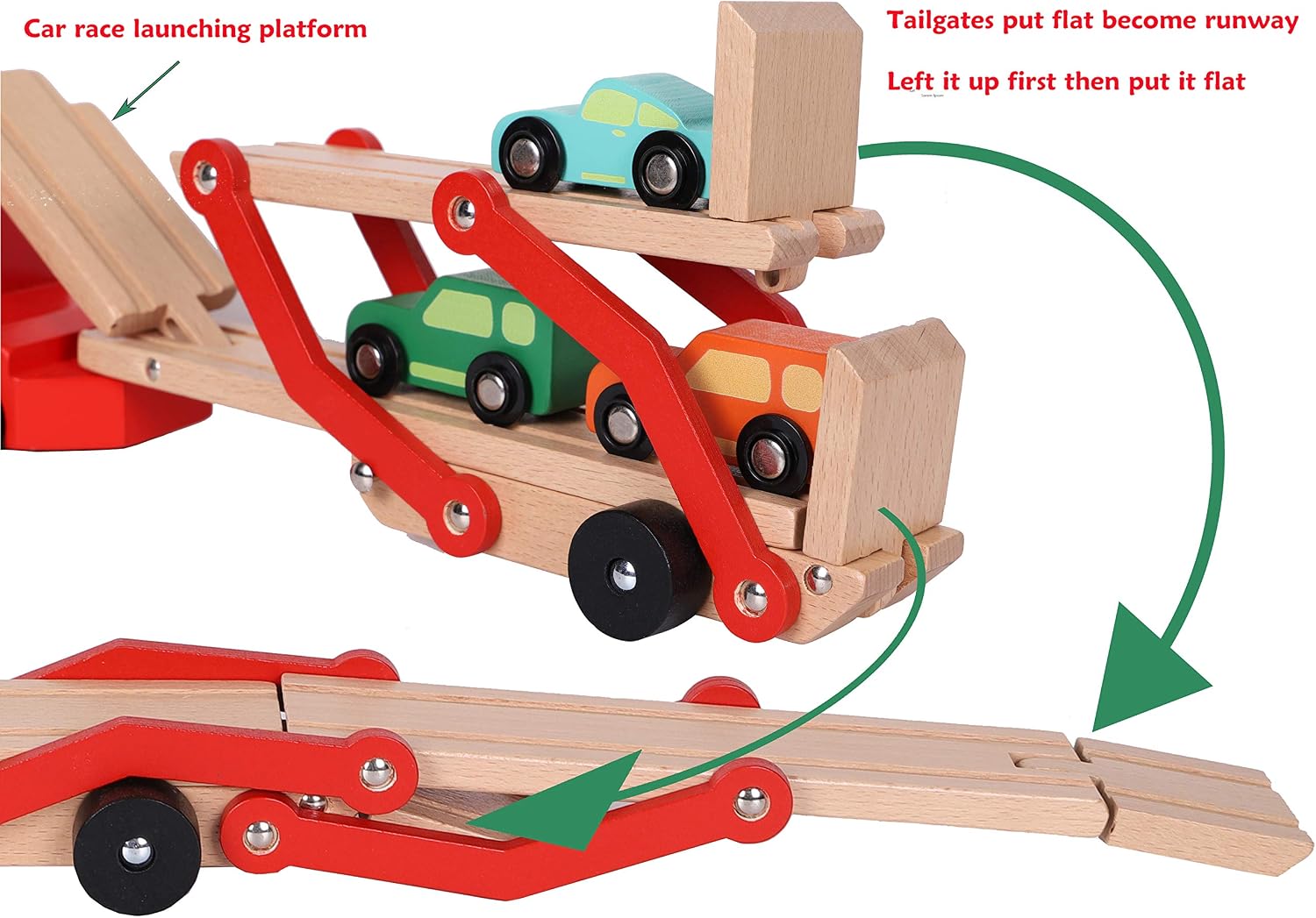 TOWO Wooden Car Transporter Toy Double Decker Trailer with 4 Cars ramp racer - Image 3
