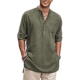 COOFANDY Men's Linen Henley Shirts Long Sleeve Collarless T-Shirts Longline Kurta Beach Shirts with Pocket
