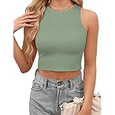 AURUZA Womens Double Lined Crop Tops, High Neck Cropped Tank Top Sleeveless Racerback Workout Tops Basic Cute Summer Shirt(Olive Green, S)
