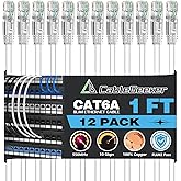 CableGeeker Cat6A Ethernet Patch Cable 1ft-12Pack White, High-Speed 10Gpbs, 550MHz Slim Patch Cables, 28AWG Flexiable Network
