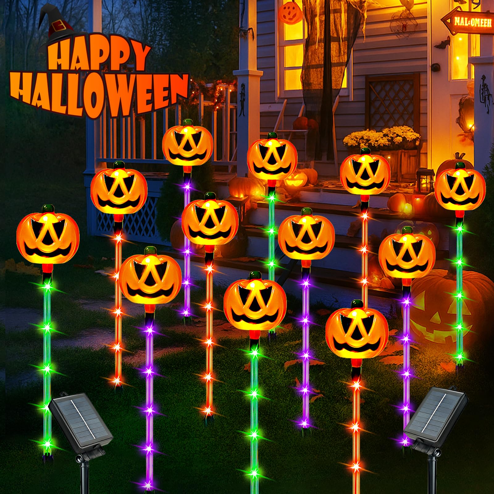Photo 1 of 12 Pack Solar Pumpkin Lights for Halloween Decorations Outdoor, Waterproof Halloween Pathway Lights with 8 Modes, Orange Purple and Green Halloween Walkway Stake Lights for Yard Garden Party Decor