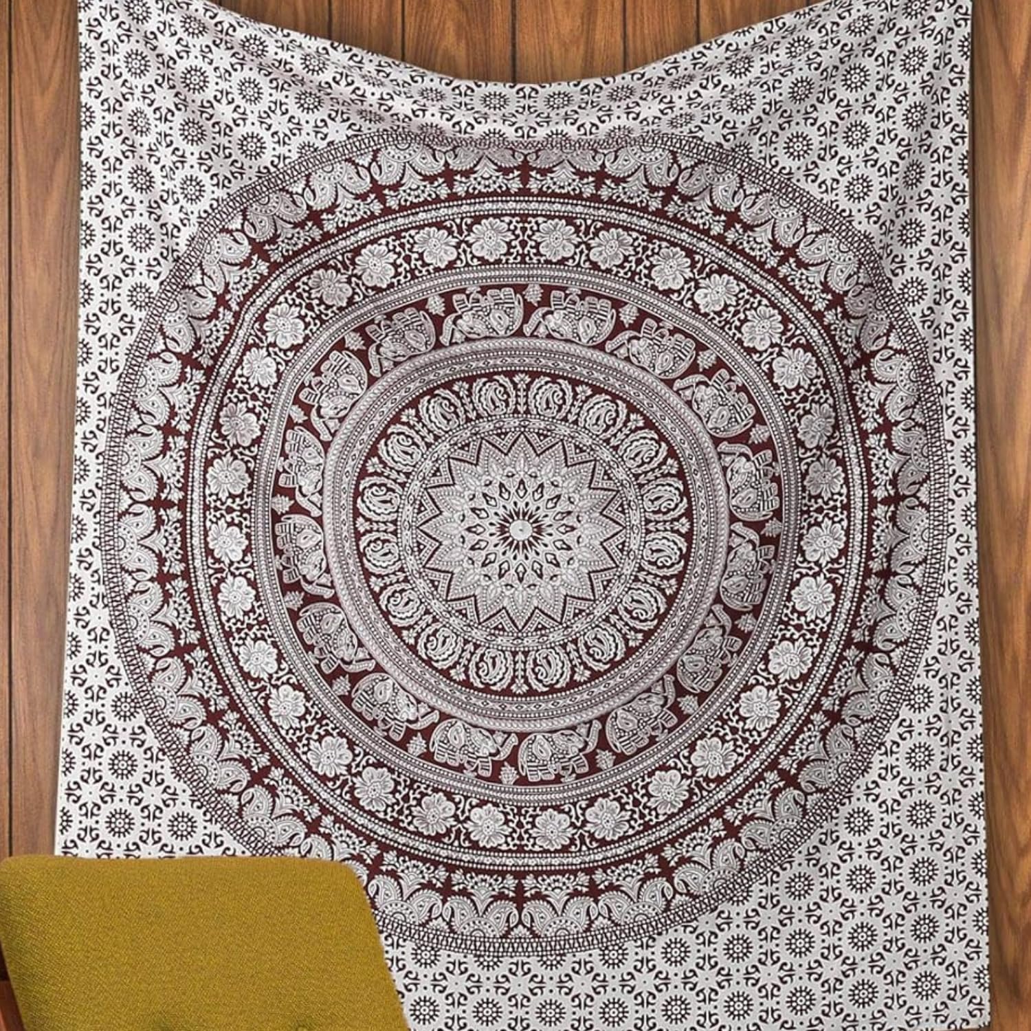 RAJRANG Mandala Wall Hanging Tapestry - 127x152 cm Cotton Hippie Beach Throw Blanket Boho Indian Aesthetic Elephant Tapestries Decor - Burnt Maroon