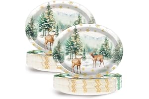 CHUNNIN 50Pcs Christmas Reindeer Oval Paper Plates 11 Inch Christmas Themed Party Supplies Watercolor Deer Trees Snowflakes Disposable Dinnerware Plates Serving Dish Tray for Xmas Party Supplies Decorations