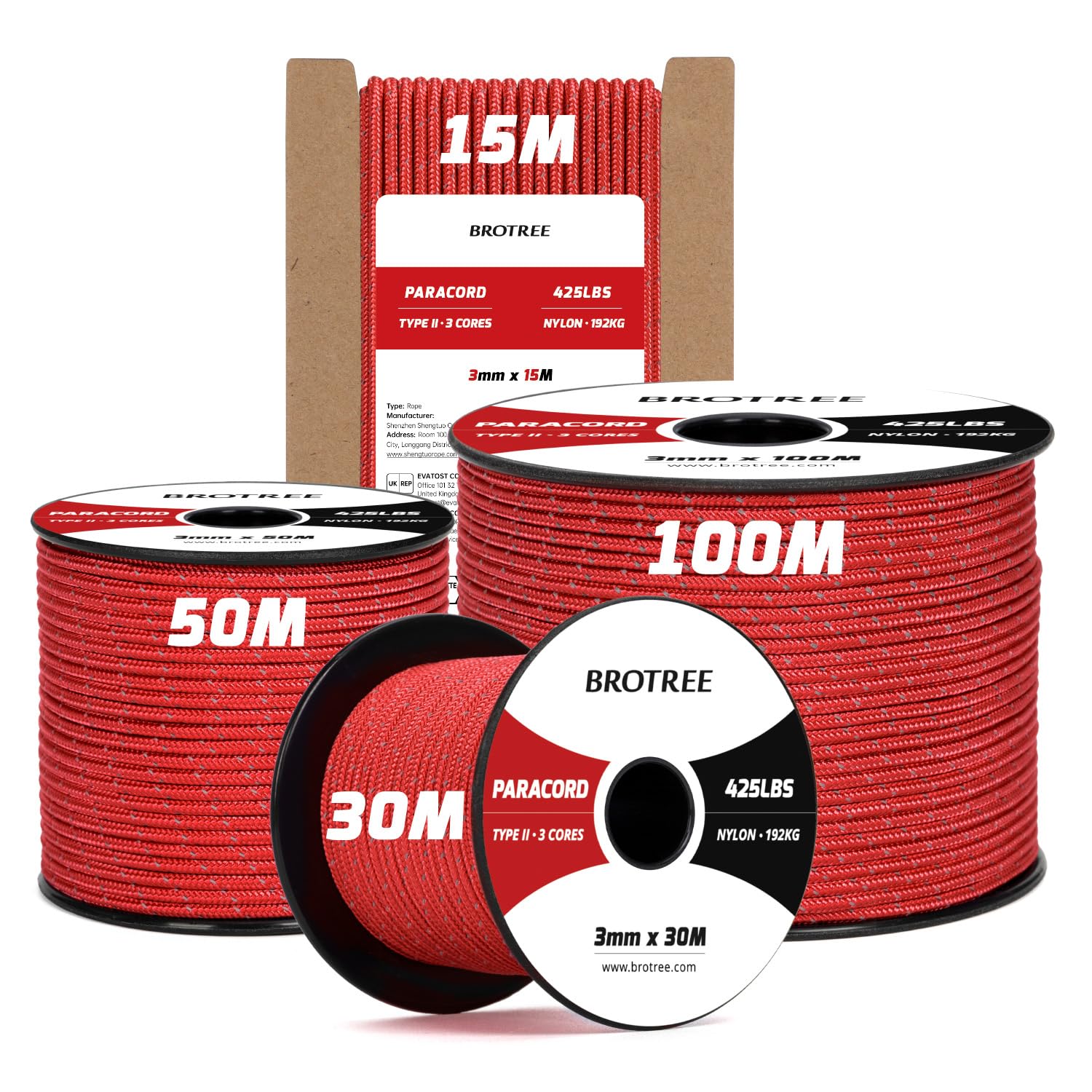 Brotree 3mm Paracord 425 100% Nylon 50M Rope 3 Strands Type II Parachute Cord for Outdoor, Craft, DIY - 192kg Breaking Load (Reflective Red)