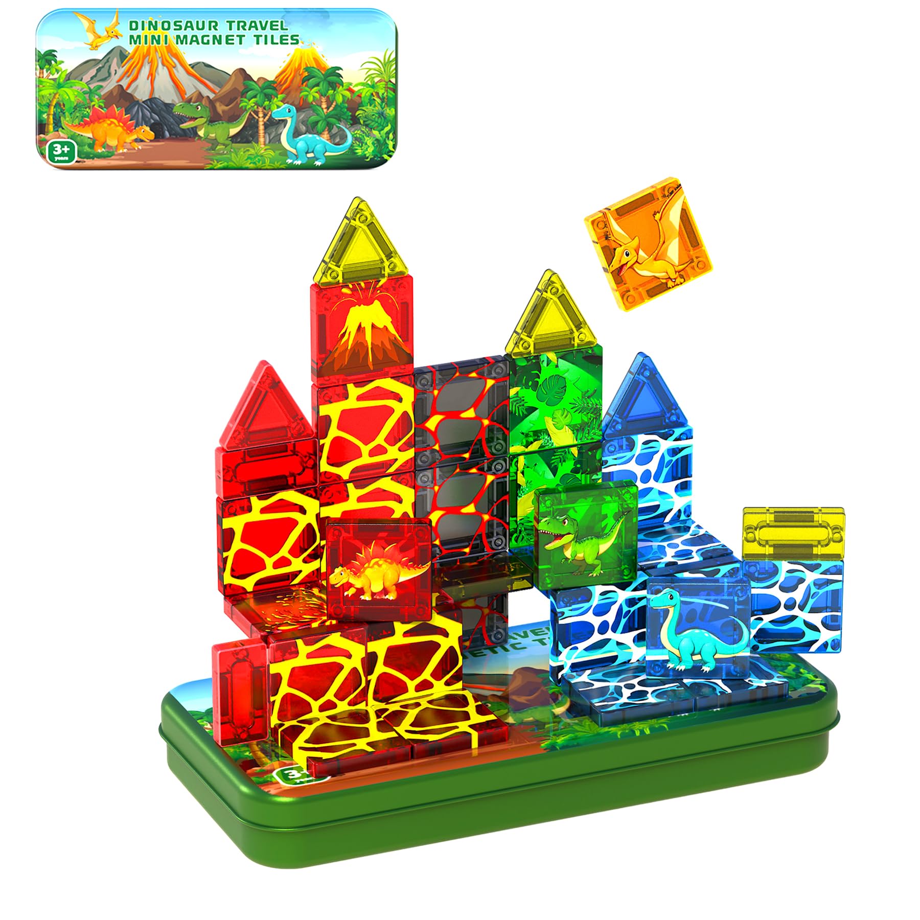 Travel Magnetic Tiles Dinosaur Toys Set, Mini Magnet Tiles for 3 4 5 6 Year Old Boys Girls, Toddlers Sensory Learning Toys Magnetic Building Blocks for Kids Birthday Gift