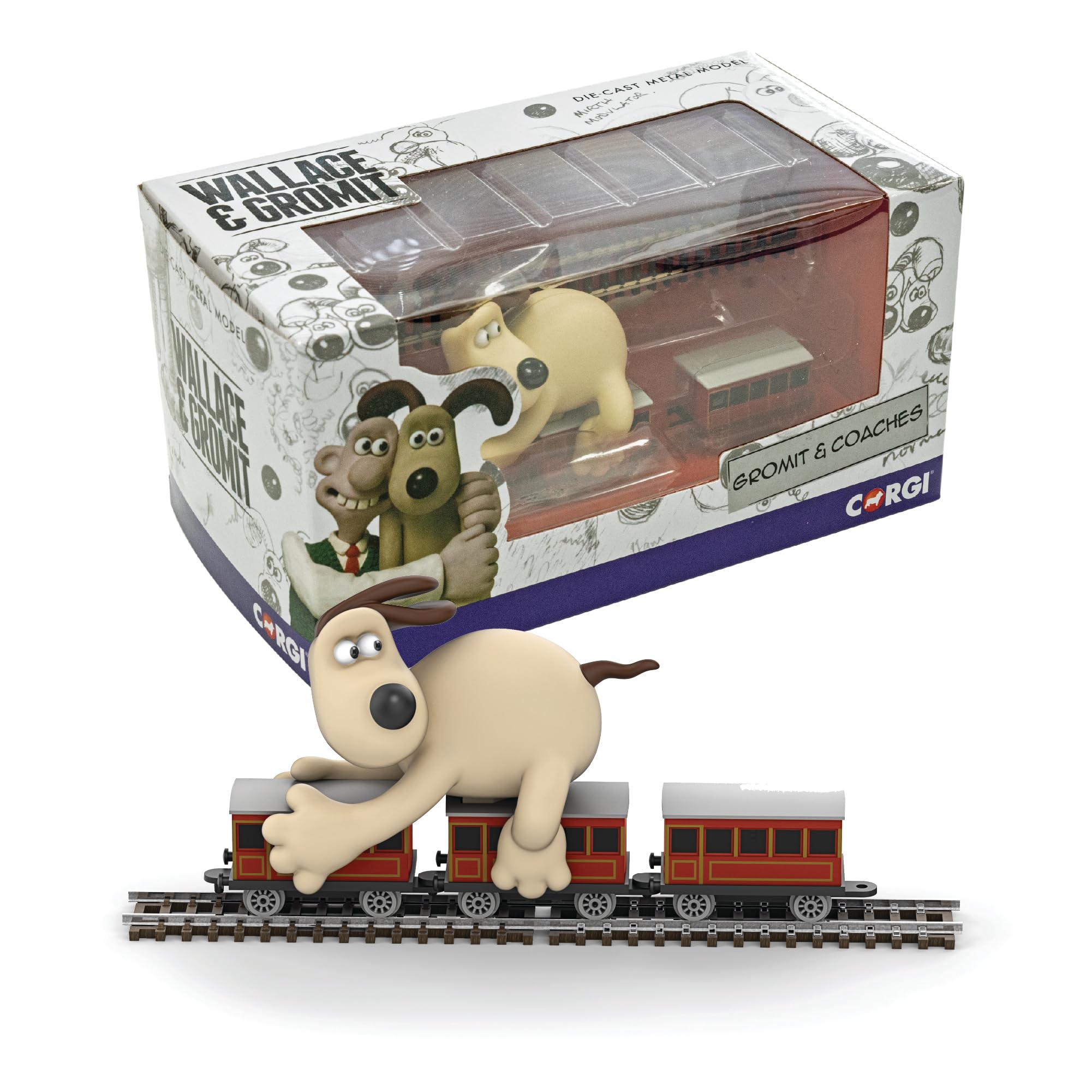 Corgi Diecast Train Toy - CC80603 Wallace & Gromit - The Wrong Trousers - Gromit & Coaches, Train Gifts for Men, Women & Kids, Die Cast Model Trains for Railway Enthusiasts, Gifts for Train Lovers