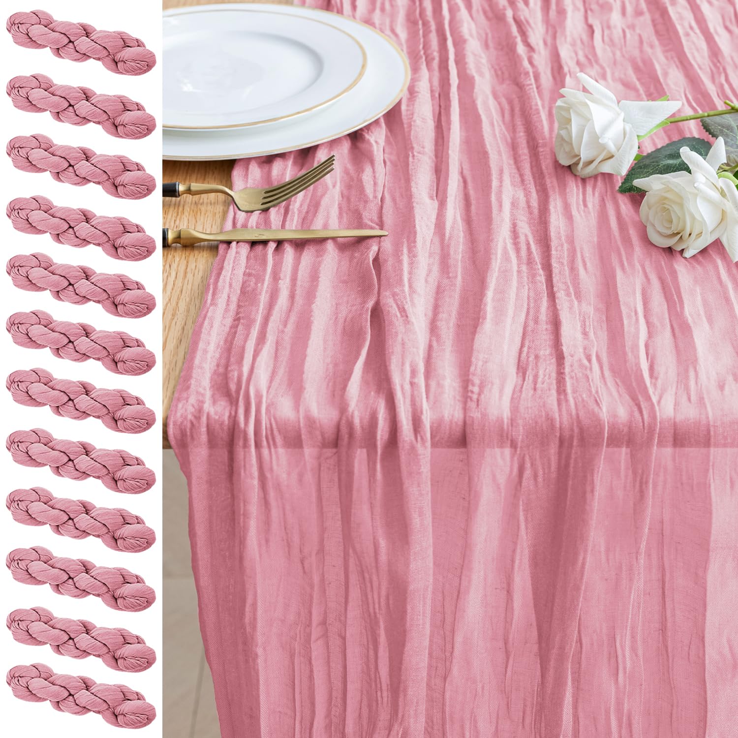 Xiomot 12PCS Table Runner Cheesecloth 10FT Pink Boho Gauze Cheese Cloth Rustic Sheer Table Runners for Wedding Birthday Bridal Baby Shower Party Decoration Image