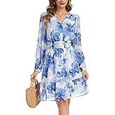 Kormei Womens Fall Floral Mini Dress Casual Long Sleeve Boho A Line V Neck Flowy Party Babydoll Short Dresses with Pocket