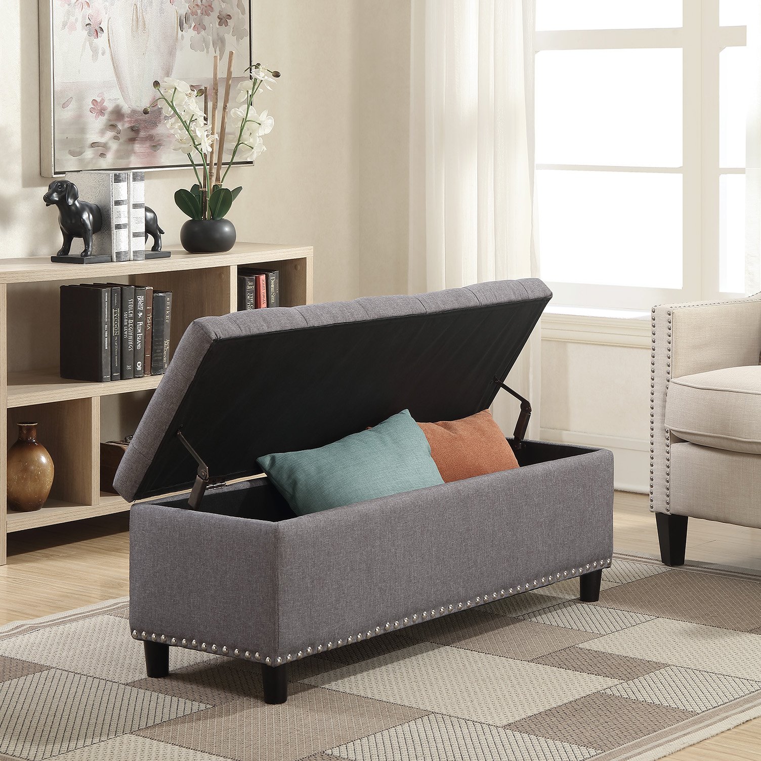 Belleze 48" Rectangular Gray Storage Fabric Ottoman Bench Tufted