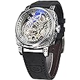 FORSINING Watches for Man, Square Retro Mechanical Watch Self-Wind Carved, Skeleton Automatic Watches Vintage Leather Strap Wristwatch