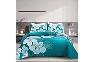 DJY Floral Quilt Set King 3 Pieces Gradient Green Bedspread Set Botanical Soft Bedding Quilt with 2 Pillow Shams Elegent Lightweight Quilts Coverlet Set All Season 104''x90''
