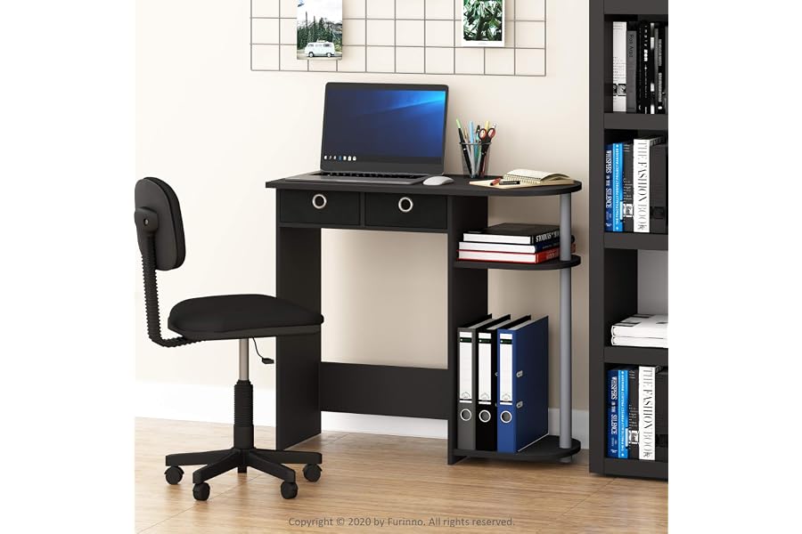 Furinno Go Green 32-Inch Computer Desk, Office Desk with 2 Side Shelves and Storage Bins, Rectangular Home Office Desk, Gaming Desk for Home Office, Bedroom, Study Room, Classic Black
