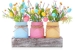 KIVIVO Mason Jar Spring Easter Table Decor, Centerpieces for Tables with Pastel Easter Eggs and Berries, Farmhouse Wood Tray, Easter Table Centerpiece for Home Dining Room Table Decorations Indoor