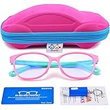 Blue Light Glasses for Kids Girls Boys with Cute Car Case, UV400 Protection, Anti Blue Ray Age3-12 Computer Game Glasses
