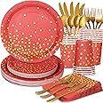 Gudvilla 168Pcs Red and Gold Party Decorations, Red Plates and Napkins Serve 24, Red Paper Plates, Red and Gold Plates for Birthday Valentines Plates, Mardi Gras Plates, Red Graduation Plates