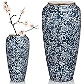 Mimorou Blue and White Vintage Vases for Home Decor | Ceramic Chinoiserie Floral 12. 6" H Modern Rustic Farmhouse Decorative Large Tall Blue Vase for Flowers Centerpieces Decoration(Hibiscus)