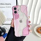 DEFBSC for iPhone 16 Case, Cute Clear Wavy Art Design Aesthetic Pattern Phone Case for Women Girls, Wave Frame Durable Protective Cover Full Camera Protection Bumper for iPhone 16, Pink