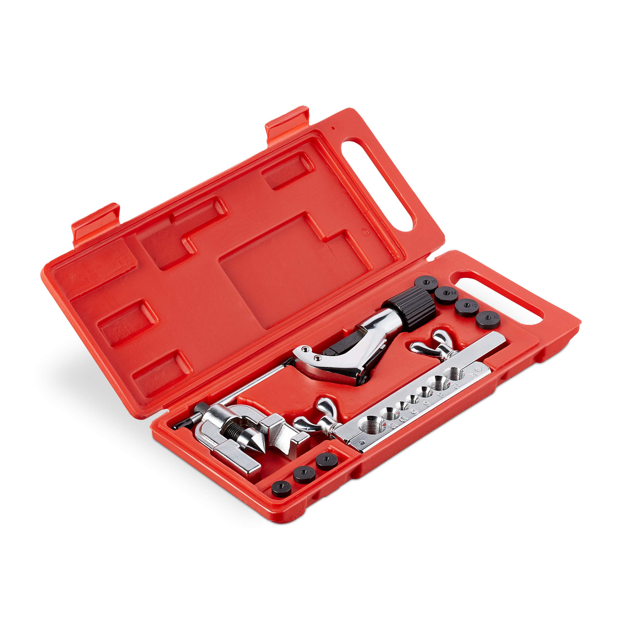 Relaxdays Flaring Tool, Set with Pipe Cutter, 5-16 mm, Brake Tube Kit, for Copper & Aluminium Pipes, Silver/Black/Red