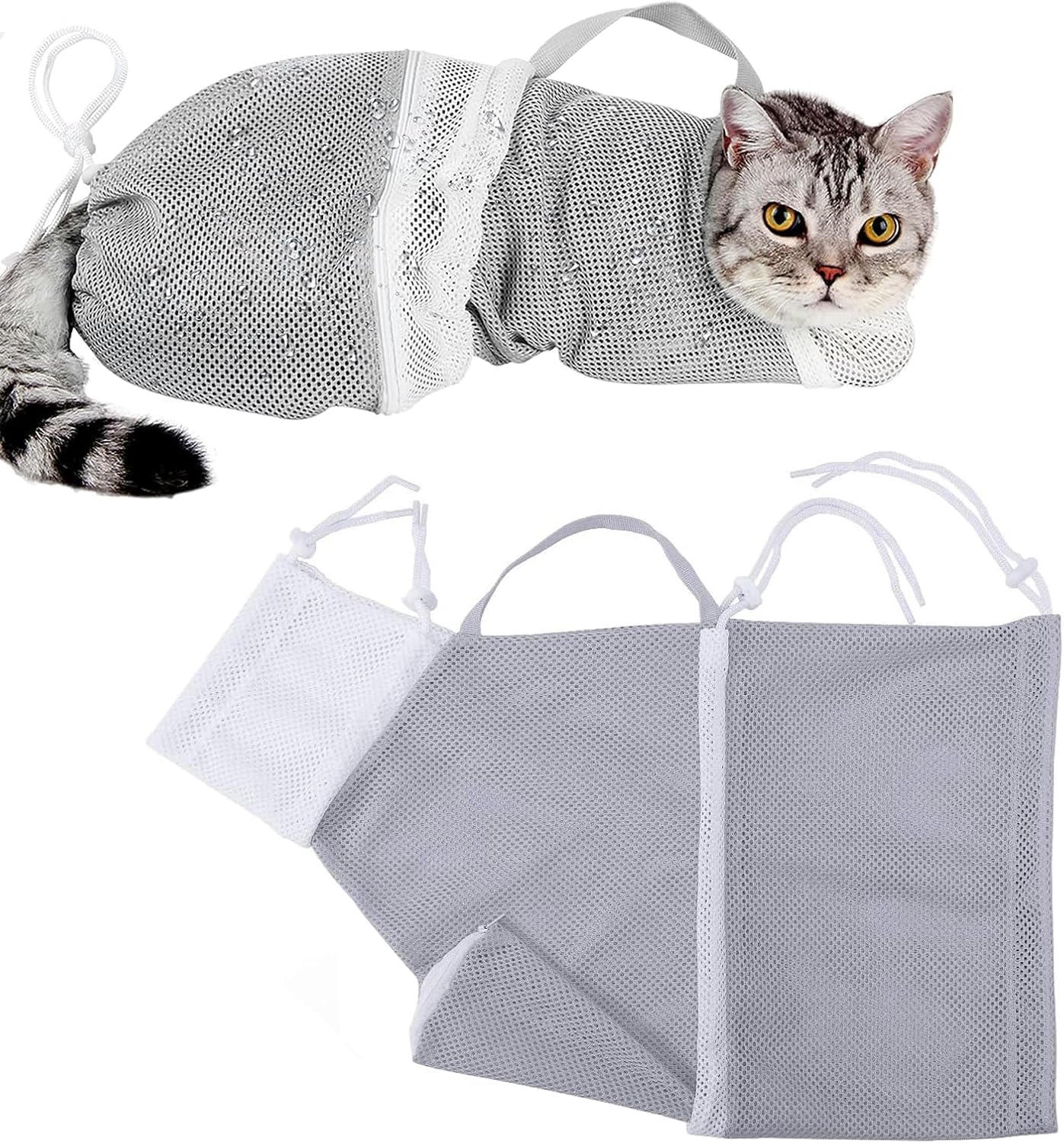Yoogeer Adjustable Cat Bathing Grooming Bag, Puppy Dog Pet Cleaning Shower Net Bag, Anti-Bite Scratch Cat Restraint Bag For Shower, Cleaning Ear, Medicine Feeding, Nail Trimming (Grey + White)