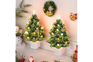 Lakumu 2-Pack 6’’ Christmas Tree Night Lights, Resin Decorative Christmas Night Light with 20 Multicolored LED Bulbs, Vintage Christmas Wall Decor for Bedroom Living Room Porch, Ceramic-Like Finish