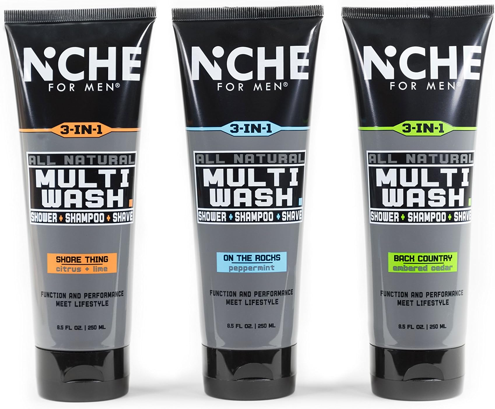 All natural 3-IN-1 Multi-Wash Combo Pack, shower shampoo shave gel, three scents peppermint, embered cedar, citrus + lime, 8.5 fl oz