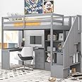 BIADNBZ Stairway Twin Loft Bed with Desk, Stairs and Wardroble, Wood High Loftbed with Multi-Storage Include Drawers, Cabinet and Shelves, for Kids Teens Adults Bedroom, Gray