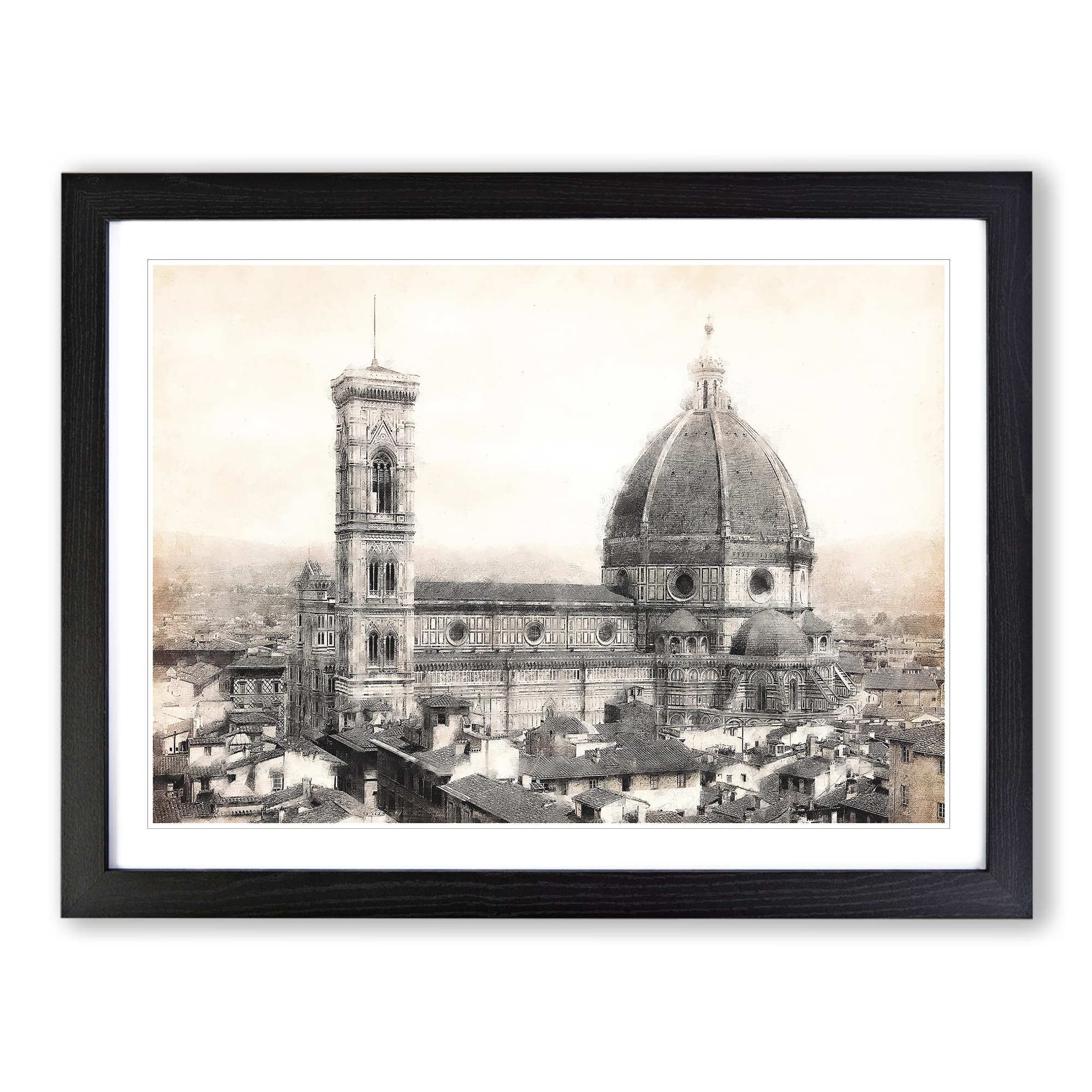 Florence Cathedral In Italy Painting Modern Art Framed Wall Art Print, Ready to Hang Picture for Living Room Bedroom Home Office Décor, Black A3 (46 x 34 cm)