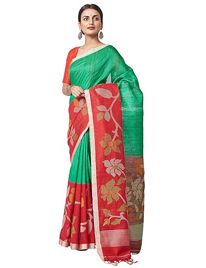 Handloom Matka Silk Jamdani Saree - Green & Red