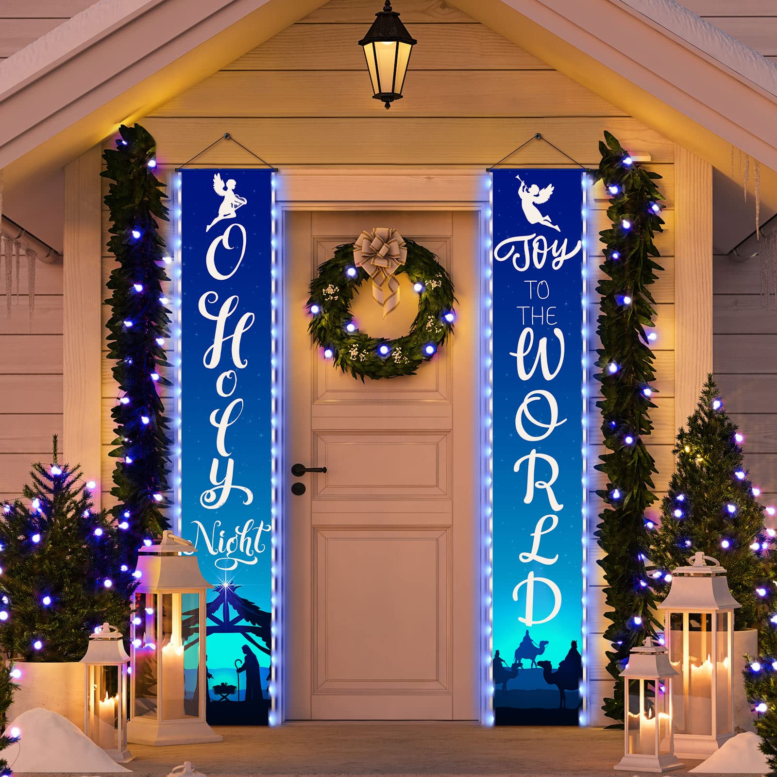 Photo 1 of 2 Pcs Holy Night Christmas Nativity Porch Sign Religious Blue Jesus Nativity Banner with LED String Lights for Winter Christmas Front Door Porch Yard Decorations 12 x 71 Inch