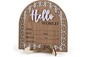 HOUISM Bleed Proof Engineered Wood, 5.5 Inch Wooden Birth Announcement Sign with Easel Stand, 3D Arcylic Hello Sign, Newborn Announcement Plaque for Girl Boy Photo Prop Baby Shower Nursery Hospital - Rustic