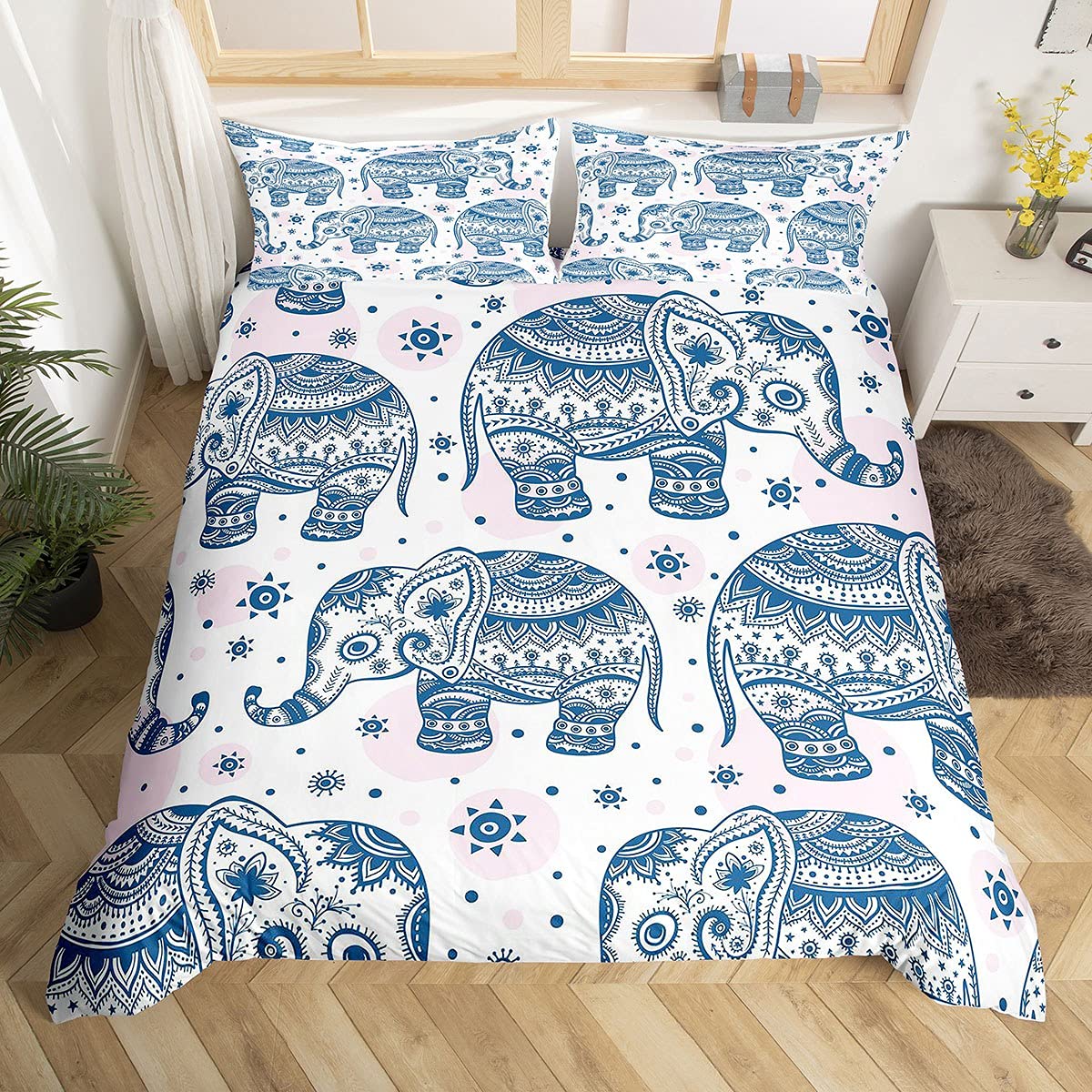 Loussiesd Elephant Bedding Set Girls Women Boho Exotic Style Bedding & Linen for Kids Adults Ethnic Elephant Duvet Cover Blue Pink Polka Dots Mandala Wild Animal Bedding & Linen Quilt Cover Double