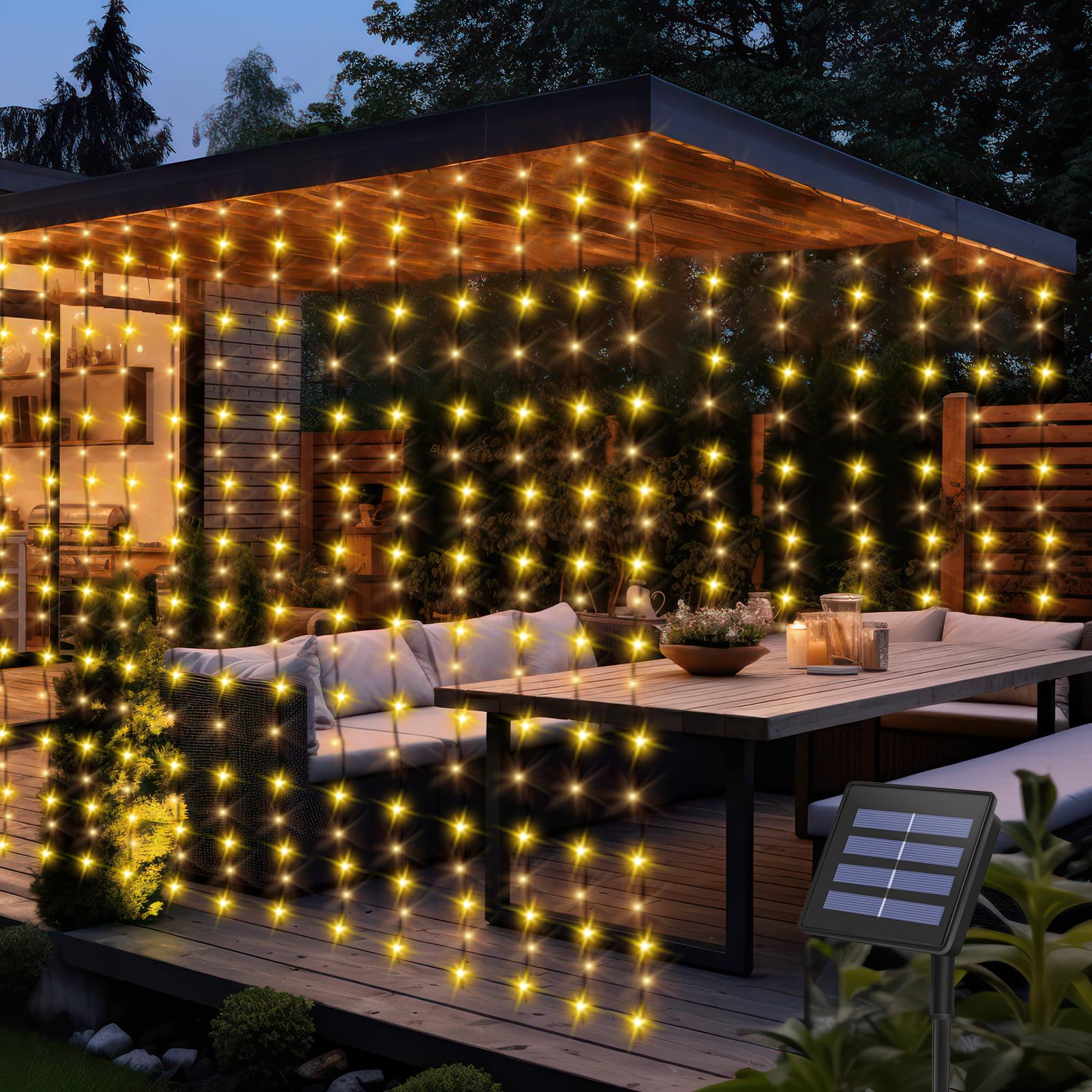 CCILAND Solar Powered Curtain Lights, 2M x 2M 200 LED Curtain Lights 8 Modes Waterproof Green Wire Fairy String Lights for Patio Wedding Home Garden Window Decoration - Warm White — image 1