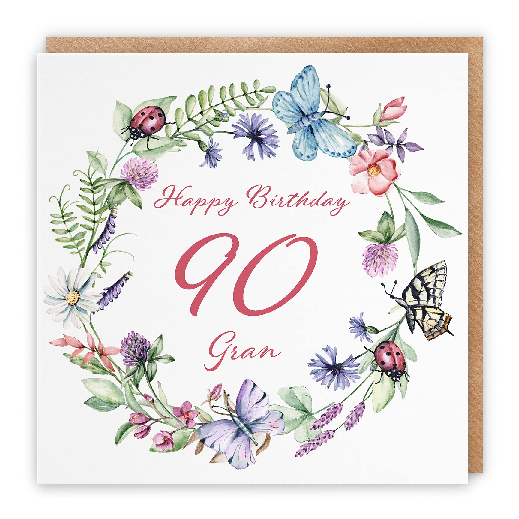 Hunts England - Large Gran 90th Birthday Card - Happy Birthday - 90 - Gran - Meadow Collection - Flowers, Butterflies, Pretty Card - Large - 210 x 210 mm - Age 90