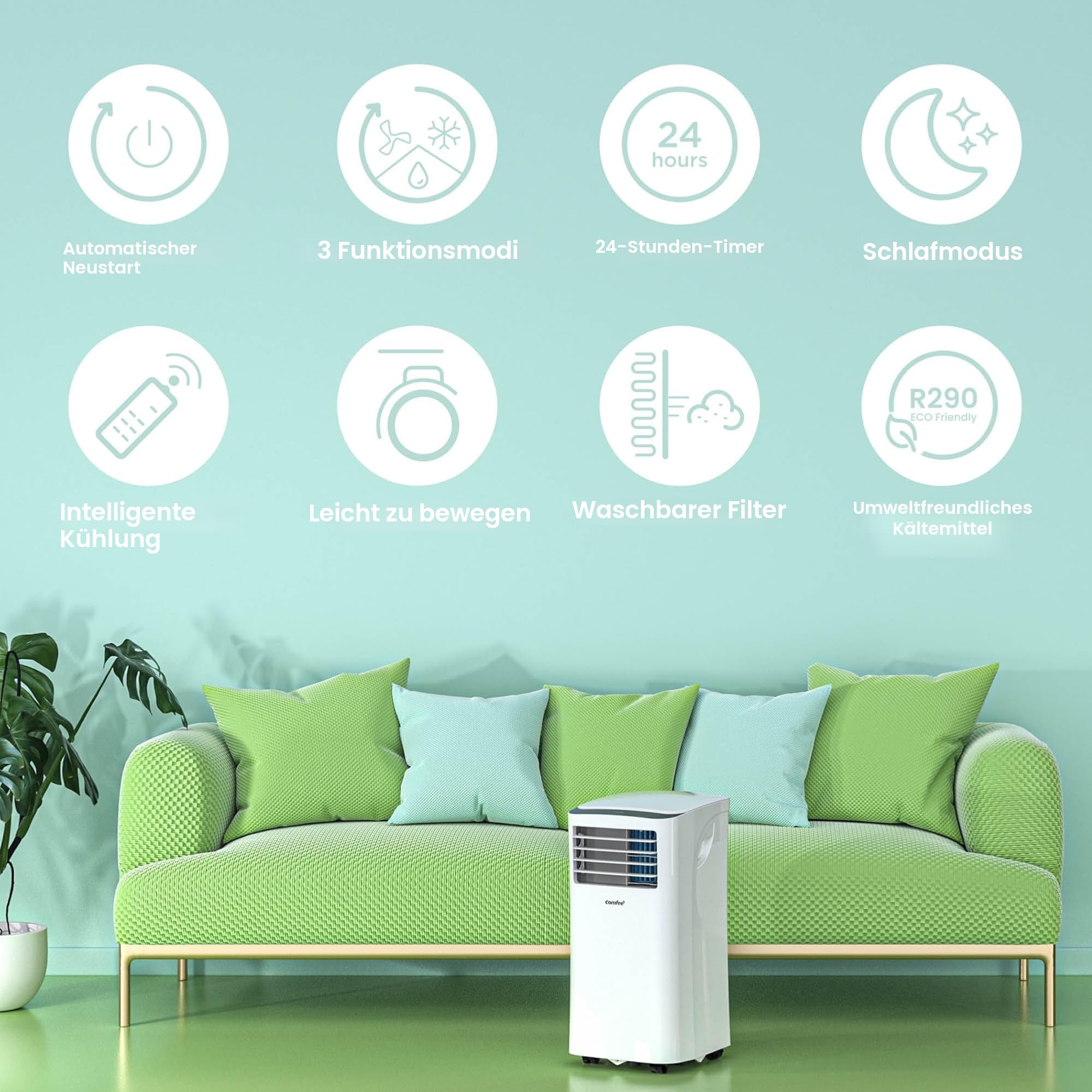 Comfee Mobiles Klimagerät MPPH-09CRN7, 3-in-1 Klimaanlage mit Abluftschlauch, Kühlen&Entfeuchten&Ventilieren, 9000 BTU, 2.6kW, für Räume ca. 80m³(31㎡), EEK A 2