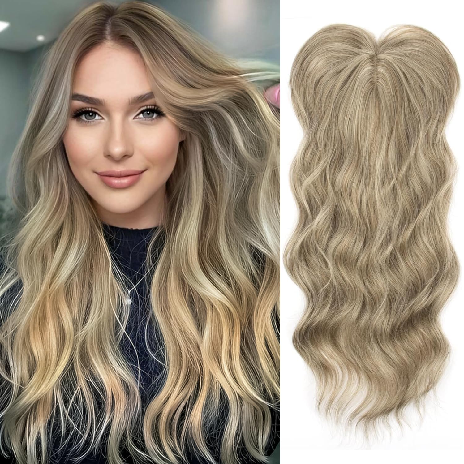 PORSMEER Brown Mix Blonde Hair Toppers for Women Ladies Add Hair Volume 20 inch Long Wavy HairPieces Replacement Clip In Wiglets with Fringe