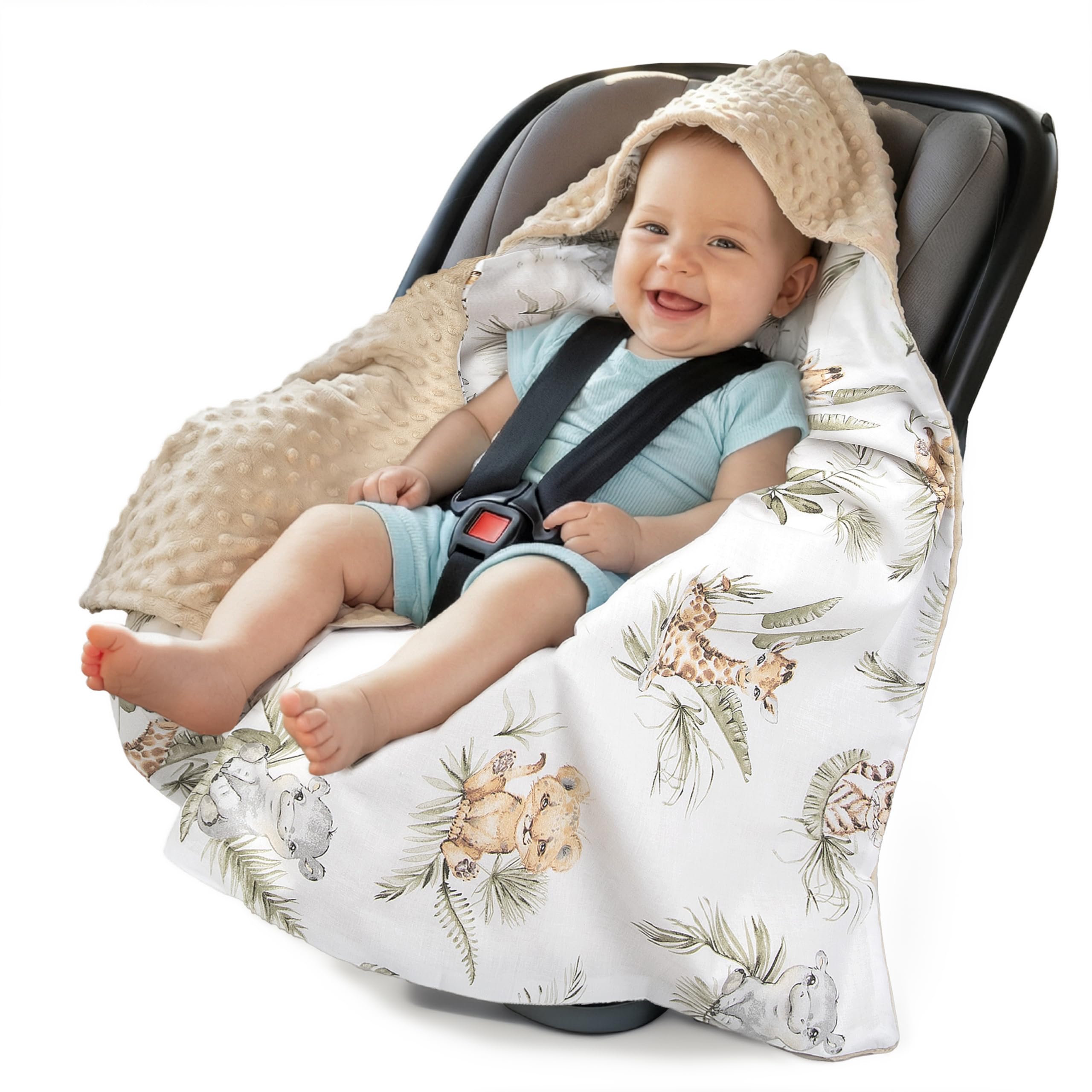 Medi Partners Swaddling Blanket 100% Cotton 85x85cm Double-Sided Multifunctional Plush Blanket With a hood for Pushchairs Soft Fluffy (Safari with beige Plush)