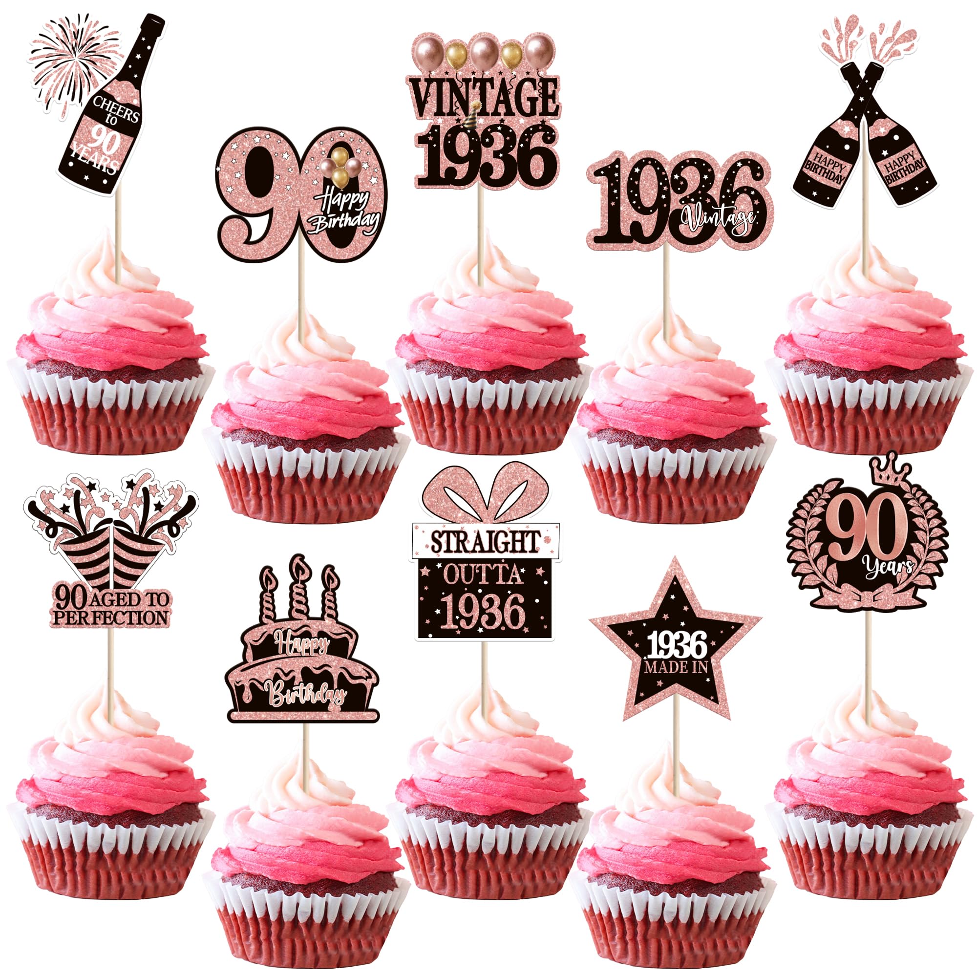 SYKYCTCY 40 Pack Happy 90th Birthday Cupcake Toppers Glitter Black Gold Ninety Vintage 1936 Cupcake Picks Cheers to 90 Years Decorations for 90th Birthday Cake Decorations Party Supplies