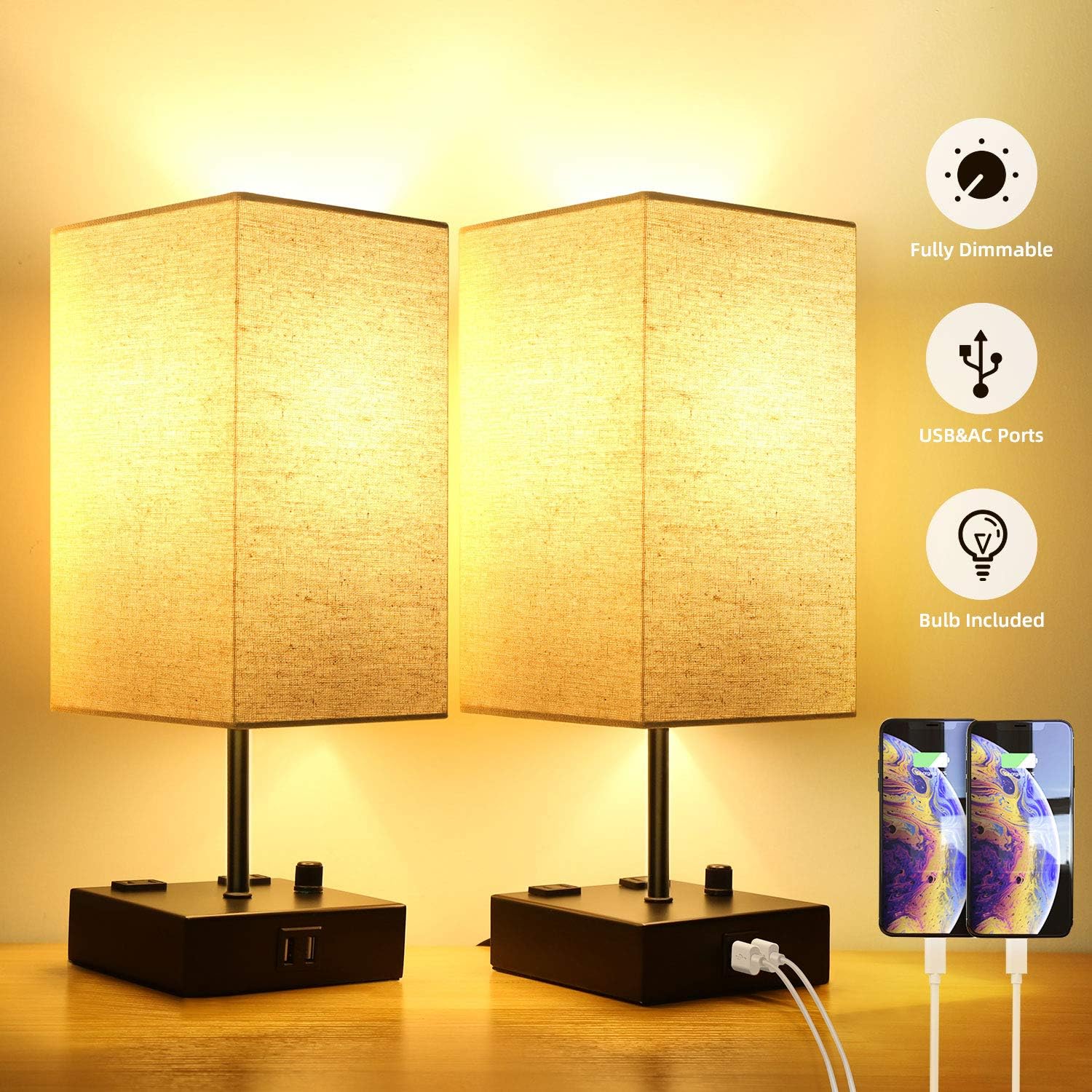 Touch Control Table Lamp 3 Way Dimmable Nightstand Lamp Built In Dual Usb Charging Ports And Ac Outlet 2 Pack Modern Fabric Shade Bedside Usb Lamp For Bedroom Two Edison Led Bulbs Included Lamps
